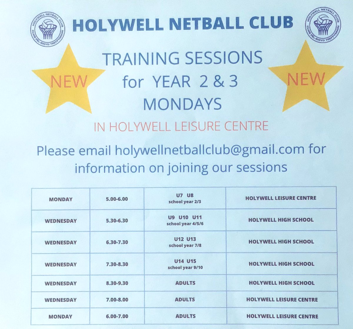 holywellnetball's tweet photo. 🔹Year 2 &amp; 3🔹
Junior sessions start 5th September @HolywellLC 
Have fun, learn new skills and make new friends. 
Who knows what it will lead to 😊
(See photo for other age groups)
💙Please share/retweet 💙
@stwinsholywell @ysgolmaesyfelin @YsgolbroCarmel @YsgolGwenffrwd https://t.co/5WrMbm5qiE