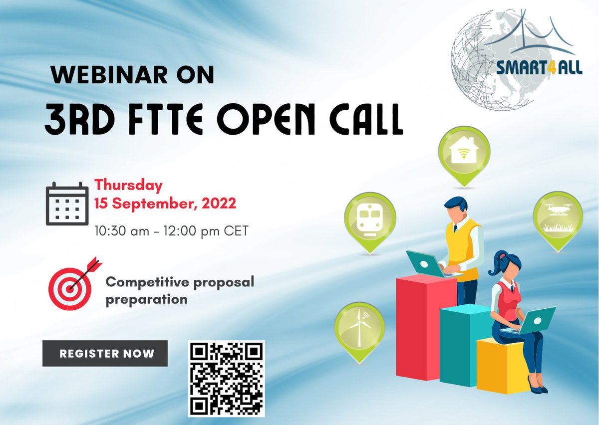 SMART4ALL (@smart_4all) on Twitter photo Interested in getting advice for a competitive proposal for the 3rd #FTTE Open Call ❓
💡Then join the webinar of #SMART4ALL on 📆 15 September.
🤓 Learn from the project experts of <a href="/uopgr/">Πανεπιστήμιο Πελοποννήσου</a> & <a href="/FundingBox/">FundingBox</a>
Register here 👉 bit.ly/3AV4FMw
More👉 bit.ly/3PTpaxb Interested in getting advice for a competitive proposal for the 3rd #FTTE Open Call ❓
💡Then join the webinar of #SMART4ALL on 📆 15 September.
🤓 Learn from the project experts of <a href="/uopgr/">Πανεπιστήμιο Πελοποννήσου</a> & <a href="/FundingBox/">FundingBox</a>
Register here 👉 bit.ly/3AV4FMw
More👉 bit.ly/3PTpaxb