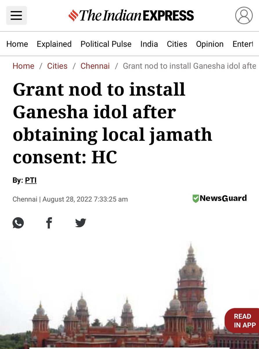 RadharamnDas's tweet photo. The Madras High Court has directed the city administration to grant permission for celebrating Ganesh puja only if local Muslim organization Jamat gives their NOC for the puja. This is when there is only 25% Muslims in Chennai.  Think what will happen when they are 40%. https://t.co/WM74mtOrsL