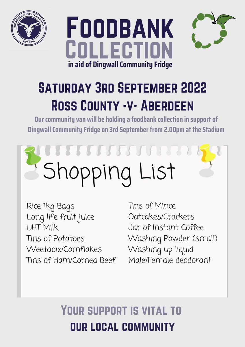 🥫𝗗𝗜𝗡𝗚𝗪𝗔𝗟𝗟 𝗖𝗢𝗠𝗠𝗨𝗡𝗜𝗧𝗬 𝗙𝗥𝗜𝗗𝗚𝗘 𝗖𝗢𝗟𝗟𝗘𝗖𝗧𝗜𝗢𝗡🍽️

This Saturday at our match with Aberdeen we will be holding a Foodbank Collection for Dingwall Community Fridge. Please, if you can, donate at our collection van from the list below.