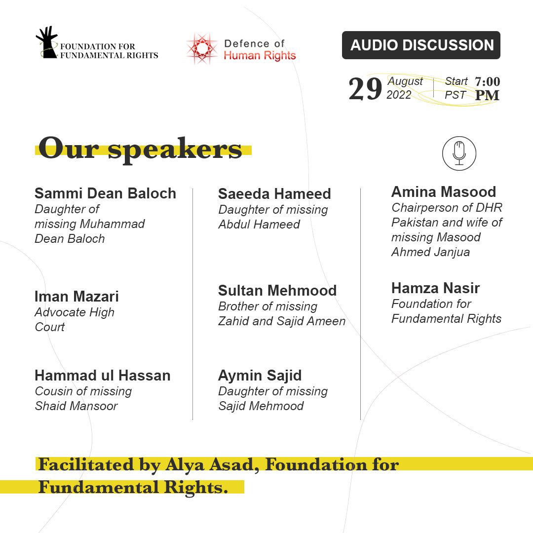 hammad_uh's tweet photo. Please join this @Twitter Space hosted by @dohrpk &amp; @FFR_PK and hear live talk by @Manzoor44481286 , @AminaMJanjua , @ImaanZHazir, @SammiBaluch , @saeeda_hameed &amp; Human Rights Defenders. Raise voice and play your role in the resolution of this burning issue.

@MJibranNasir https://t.co/rk57UsfYSy