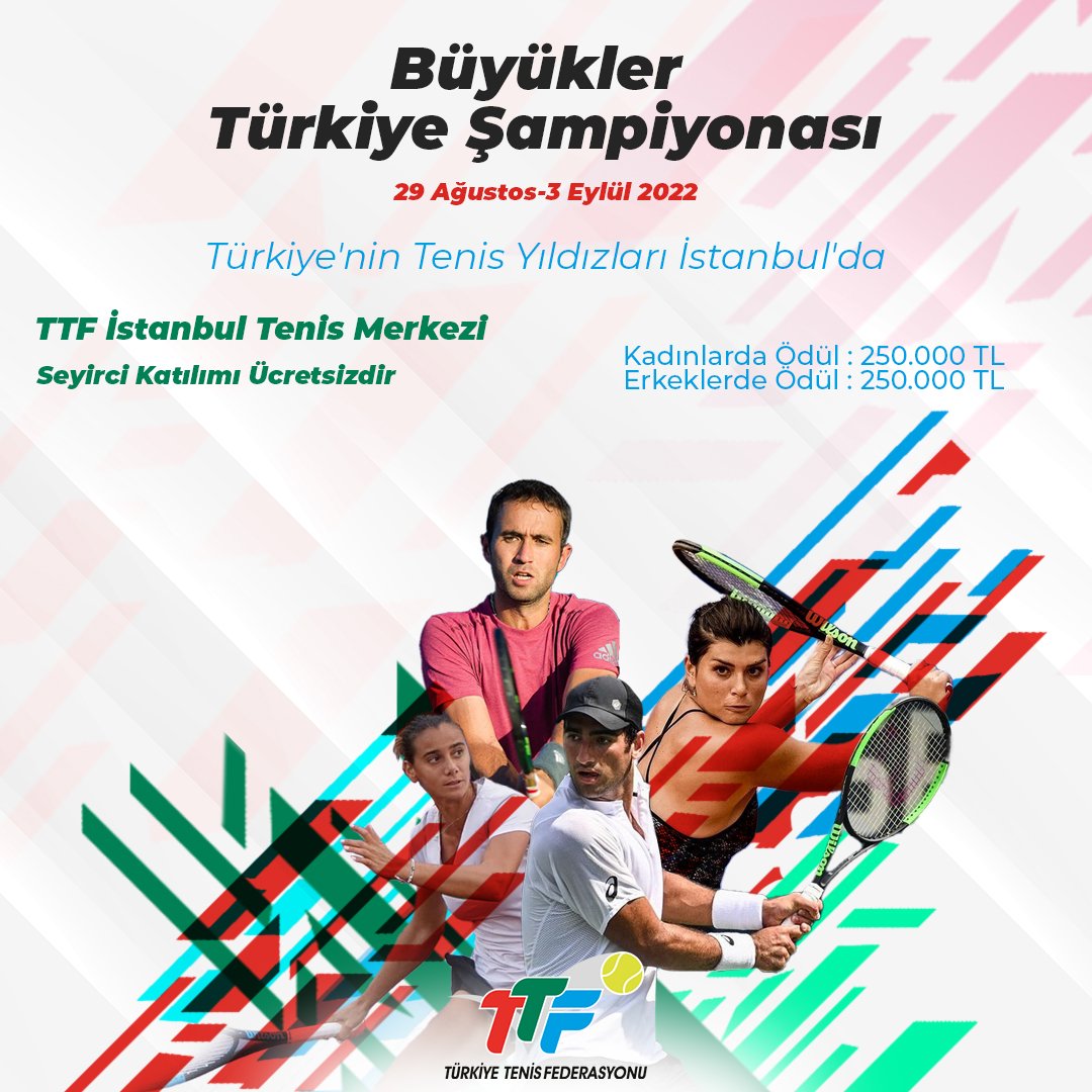 Büyükler Türkiye Şampiyonası ile tenis şöleni başladı ✨

📍TTF İstanbul Tenis Merkezi
🗓️29 Ağustos-3 Eylül 2022
🎟️Girişler ücretsizdir

Detaylar 🔗 bit.ly/3Kv9JtS