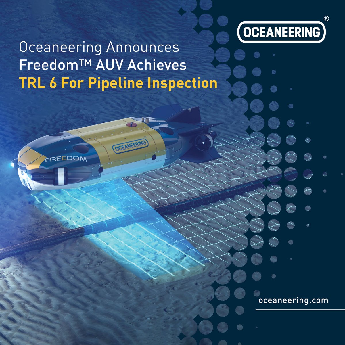 Oceaneering's tweet photo. Oceaneering announced today at ONS that its Freedom™ AUV, following an extensive testing and qualification program, has achieved Technology Readiness Level 6 on a 1-9 scale. Stop by our stand 7380 at 11:30 to hear more from our experts. https://t.co/0v78OjfPFq #ONS2020 https://t.co/rpjrF46d3A