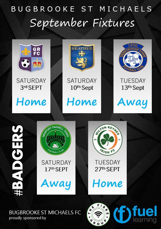 BadgersBSMFC's tweet photo. Saturdays game at Wellingborough was our final First Team August fixture. Here’s a look ahead at what the month of September has to offer @utdcos
The action starts on Saturday when we host @GoddyRoversFc
#Badgers #SeptemberFixtures https://t.co/XBdAyMHbyb