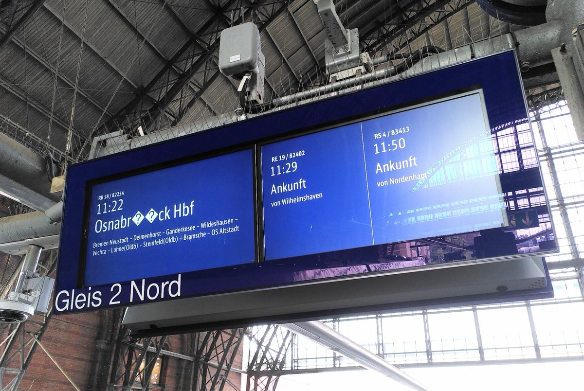 schei_encoding's tweet image. A digital train station departure board displaying &quot;Osnabr&amp;lt;?&amp;gt;&amp;lt;?&amp;gt;ck&quot; instead of &quot;Osnabrück&quot; due to an encoding error.

Source: chaos.social/@draemmli/1089…