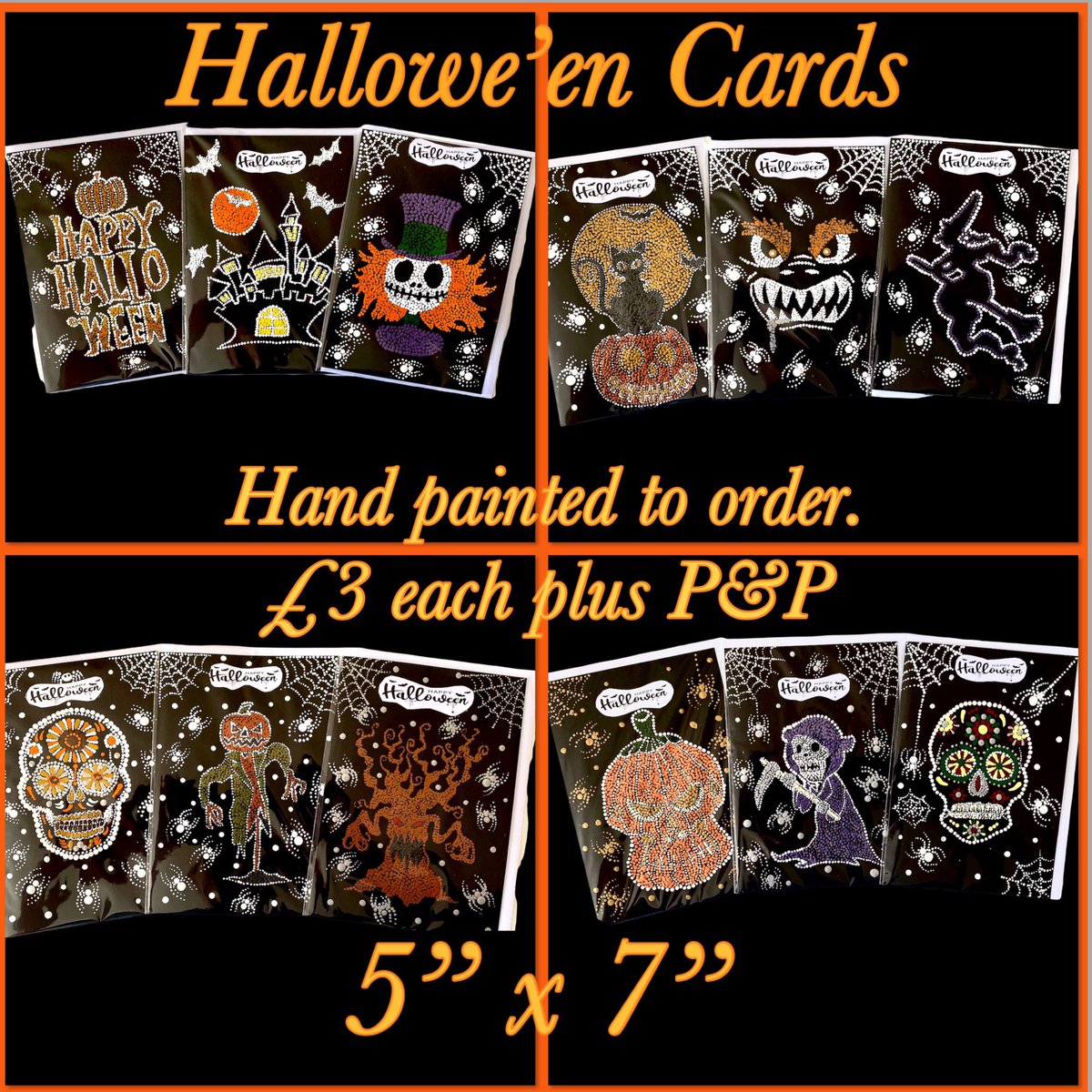 Here is the full set of hand painted, pointillism Halloween cards. Each has a different design and I can paint them to order. #cards #Halloween #Halloweencards #handpainted  #art #dotart #products #dotartwork #dotwork #artwork #dotpainting #htlmp