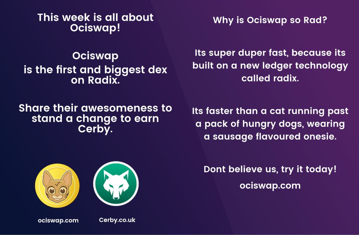 CerbyRadix's tweet photo. Simply share, like, retweet, comment - get involved in spreading the word about this great project to earn Cerby and tell us if you like cats, especially oci cats!
@CerbyRadix #cerbyradix @ociswap #Radix $oci $xrd @radixdlt #DeFi https://t.co/GSMmk1qZ4M