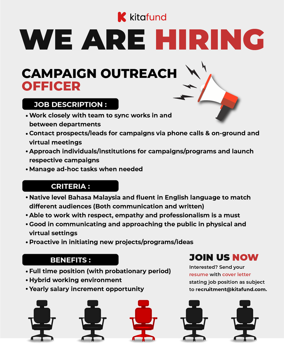 kitafundMY's tweet photo. Kitafund is #hiring!
These are 3 vacancies for you to fill in!
Ticked all criteria?
Come, join us!
#internship #intern #latihanindustri #campaignoutreach #officer #jawatankosong #vacancy #joinus https://t.co/o5cArphR7q