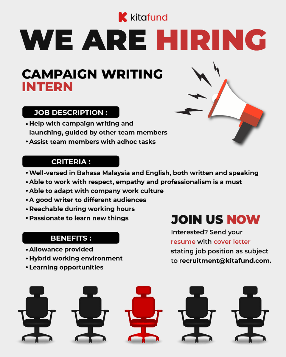 kitafundMY's tweet photo. Kitafund is #hiring!
These are 3 vacancies for you to fill in!
Ticked all criteria?
Come, join us!
#internship #intern #latihanindustri #campaignoutreach #officer #jawatankosong #vacancy #joinus https://t.co/o5cArphR7q