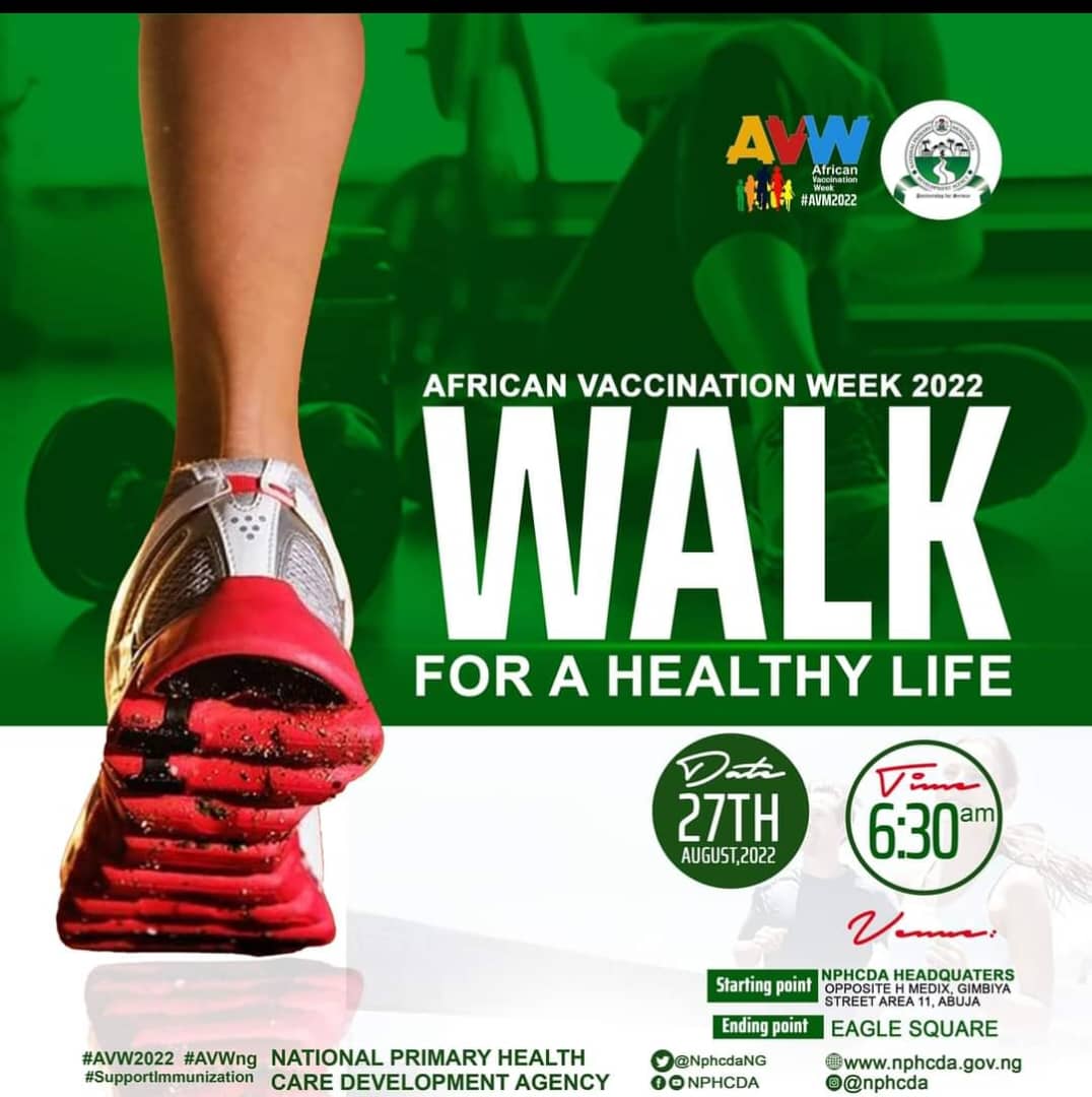 BANigeria's tweet photo. 🗓: Saturday, August 27, 2022.

We joined @NphcdaNG and other partners on the 2022 African Vaccination Week Health Walk to promote routine immunization for children, adult vaccination, and healthy living for all of us.

#AVW2022
#AVWNG https://t.co/H6CWIgbZcr