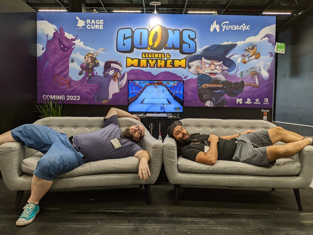 RagecureGames's tweet photo. Aaaand we're done! #Gamescom was an amazing opportunity to meet a lot of gamers, convert some of them into fans and get everyone hyped for the game's release in 2023. Thanks again for the awesome week ! Now we'll get come sleep if you don't mind. 😴 #goonslegends #firestoke https://t.co/rlUg0VhBUo