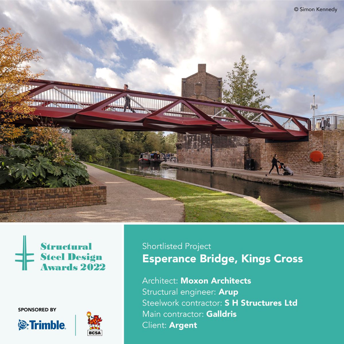 BCSAsteel's tweet photo. *SSD AWARDS*
Esperance Bridge, Kings Cross
Architect – #MoxonArchitects, Structural engineer – @ArupGroup, Steelwork contractor – #SHStructures Ltd, Main contractor – @Galldris
Client – @argentHQ
Winner/s announced on the 29/09/22 Thank you to our sponsor @Trimble_TeklaUK https://t.co/9iRFdYJsXS