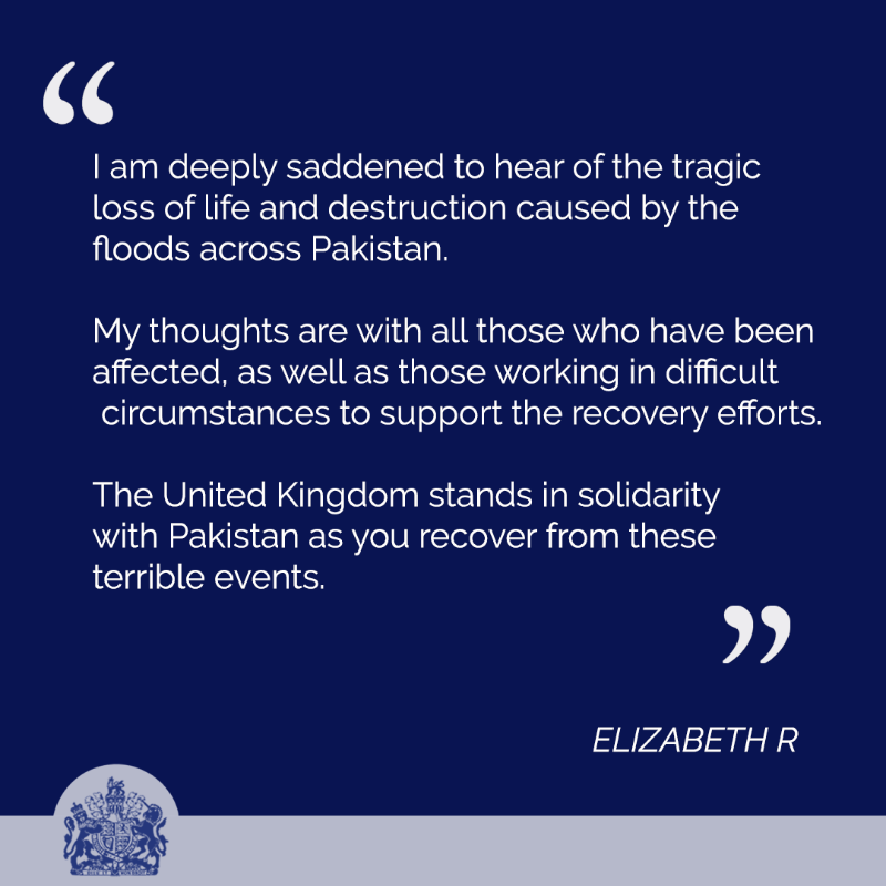 RoyalFamily's tweet photo. The Queen has sent a message to the President of Pakistan following the floods across the country: