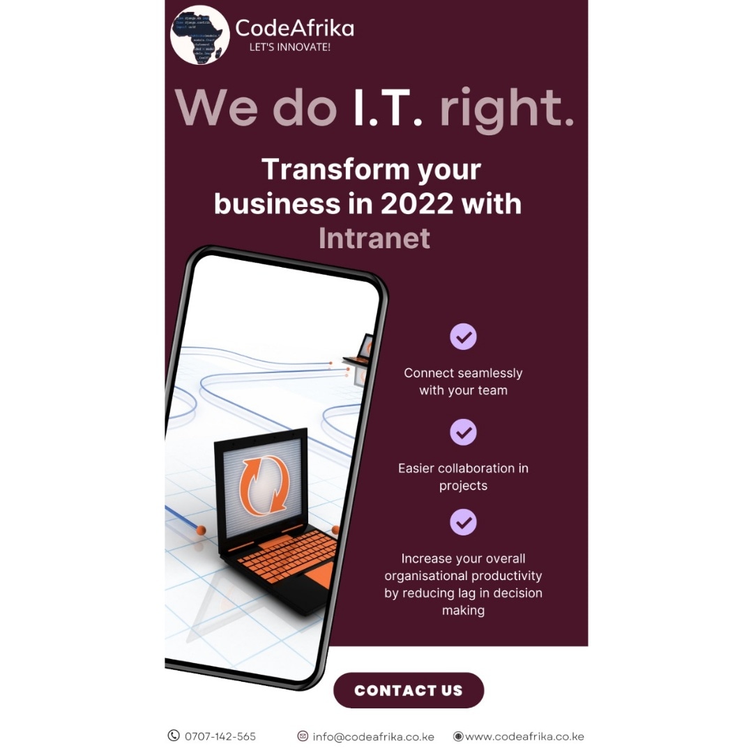 CodeAfrika's tweet image. Happy Monday 😃. How about enhancing productivity and efficiency in workplace by introducing Intranet 😌😌