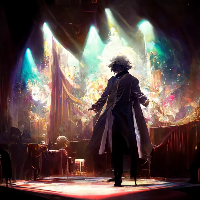 これはmidjourney(課金しました)に描いてもらった「エドモンダンテス(FGO)、Live on stage」。めちゃくちゃ楽しい。#midjourney #midjourneyAi 
