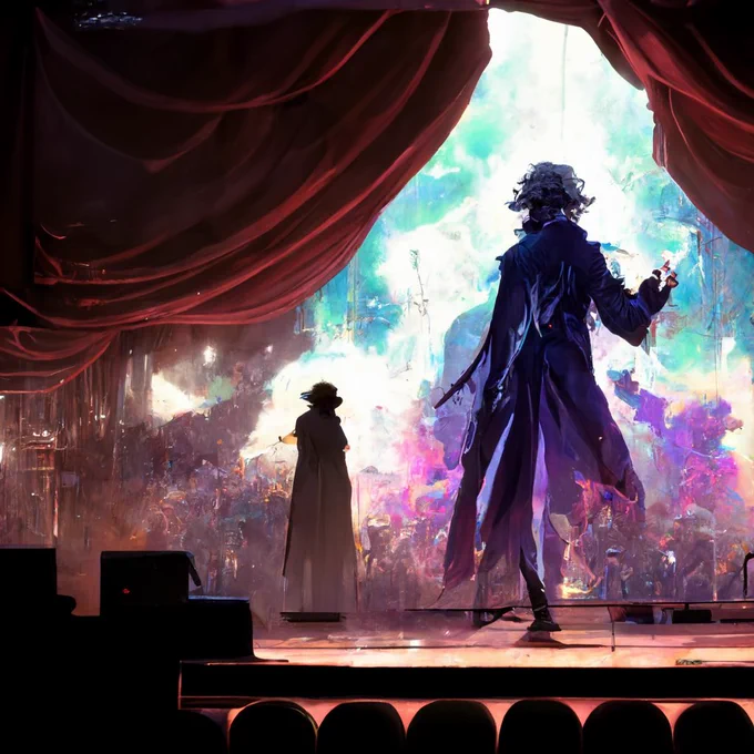 これはmidjourney(課金しました)に描いてもらった「エドモンダンテス(FGO)、Live on stage」。めちゃくちゃ楽しい。#midjourney #midjourneyAi 