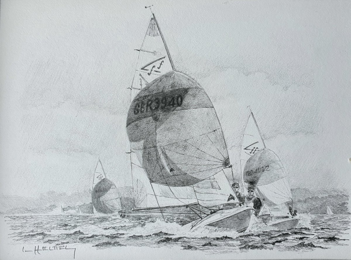 IanGuyFinlay's tweet photo. Forty years after my first sail in a Flying Fifteen I got to race one again...

'Powered Up &amp; on the Plane - Forced Family Fun, Hyderated &amp; Ffil the Greek'

#SketchBeforeBedtime #PostcardPictures #Sailing #Solent #Championships #keelboat #YachtRacing #MarineArt #ArtistsOfTwitter https://t.co/UvtogYg33M