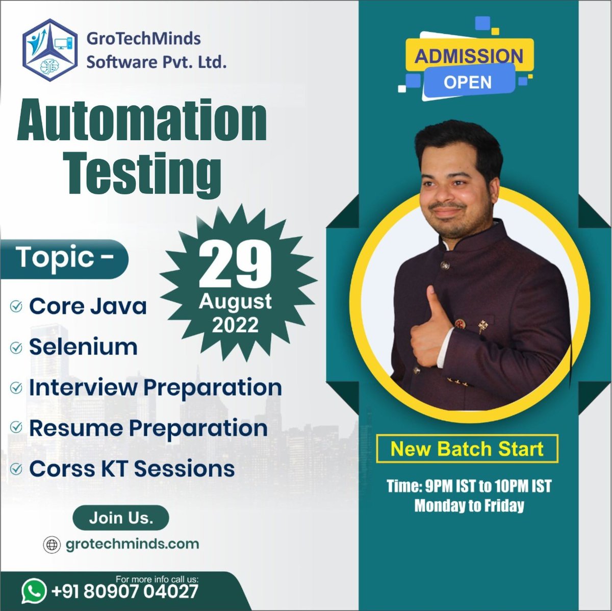 Softwaretesti16's tweet photo. This is the last reminder about the upcoming course on Automation Testing.
WhatsApp/Call +91 8090704027 
Few Benefits of this course:
✔100% Satisfied Students
✔Recorded Videos 
✔Mock Sessions
✔Resume Preparation
✔Cross KT
✔Certificates on Completion(ISO Certified) https://t.co/cxYdsxQZXc