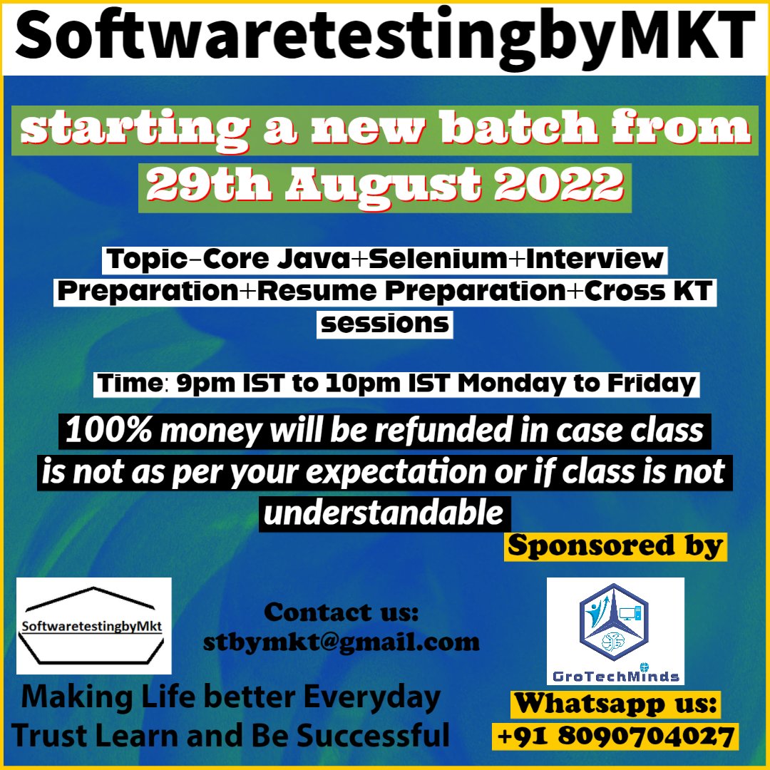 Softwaretesti16's tweet photo. This is the last reminder about the upcoming course on Automation Testing.
WhatsApp/Call +91 8090704027 
Few Benefits of this course:
✔100% Satisfied Students
✔Recorded Videos 
✔Mock Sessions
✔Resume Preparation
✔Cross KT
✔Certificates on Completion(ISO Certified) https://t.co/cxYdsxQZXc