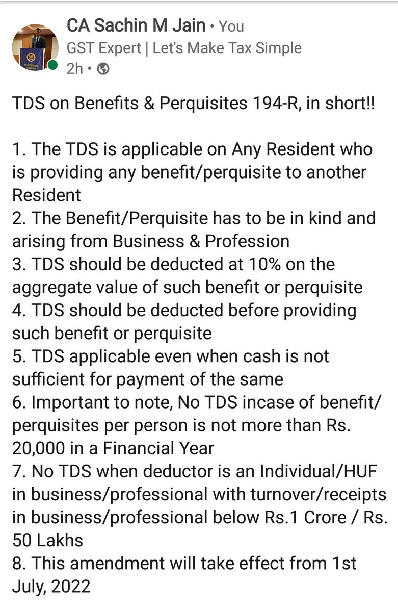 CASachinMJain's tweet photo. TDS on Benefits or Perquisites, in short!!
#letsmaketaxsimple #CA #CharteredAccountant #India #Incometax #Tax #taxnews #taxupdates #GSTexpert #Businessideas #startups #pharma #socialmedia #influencer #socialmediainfluence #Medical #casachinmjain #casachinjain #casachin https://t.co/bkrBWiyXPt