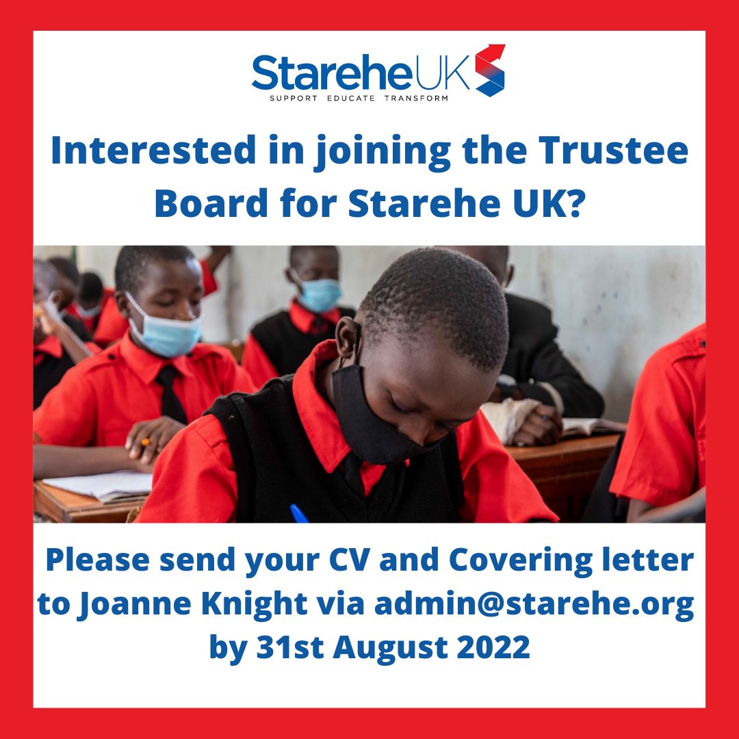 StareheUK's tweet photo. Interest in joining the Trustee Board for Starehe UK?

Please send your CV and Covering letter to Joanne Knight via admin@starehe.org by 31st August 2022. 

For more details on the role please follow: https://t.co/bkes24p5hh 

Thank you! https://t.co/fcloy9C4Ef