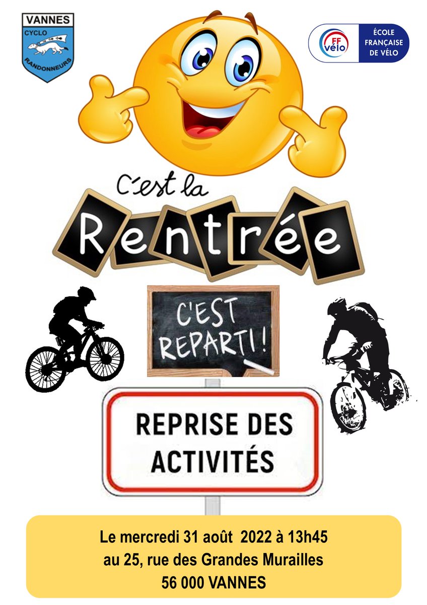 Vannes Cyclo Randonneurs (@cyclovannes) on Twitter photo C'est la rentrĂ©e Ă l'Ăcole Française de VTT du <a href="/CycloVannes/">Vannes Cyclo Randonneurs</a>
Mais on recommence en douceur, alors RDV le mercredi 31 aoĂ»t 2022 Ă 13h45 au 25 rue des Grandes Murailles 56 000 VANNES, pour une balade reprise et avec au retour le goĂ»ter pour se raconter notre Ă©tĂ© !! C'est la rentrĂ©e Ă l'Ăcole Française de VTT du <a href="/CycloVannes/">Vannes Cyclo Randonneurs</a>
Mais on recommence en douceur, alors RDV le mercredi 31 août 2022 à 13h45 au 25 rue des Grandes Murailles 56 000 VANNES, pour une balade reprise et avec au retour le goûter pour se raconter notre été !!