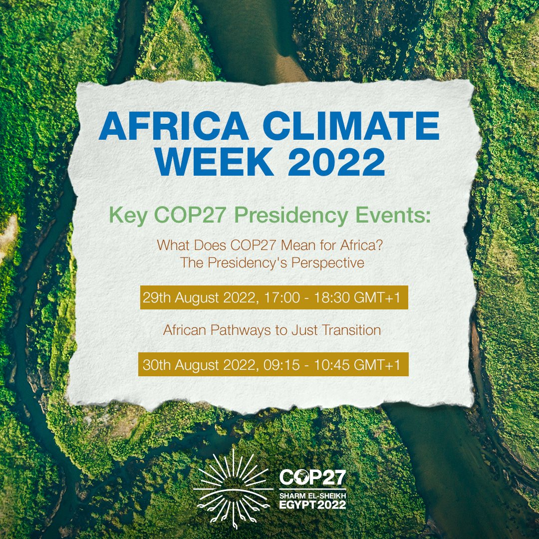 Nohaellabban's tweet photo. 📢#AfricaClimateWeek 2022, will kick off shortly,an important meeting point on the journey  leading up to #COP27 .
📅 29 August-2 September
📍#Libreville,#Gabon
 #ImplementationCOP
 #ClimateChange
📺Tune in  👉https://t.co/2aFmCaT6i6 https://t.co/kt6qH3okkE