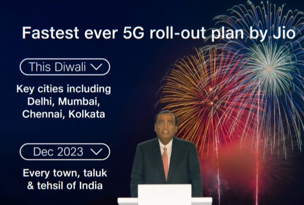 yabhishekhd's tweet photo. Officially Confirmed ✅
Jio 5G will be available in Pan India by December, 2023.

Jio 5G will be available in these cities by Diwali 2022
Delhi
Mumbai
Kolkata
Chennai 

#Jio #RelianceAGM2022 https://t.co/FACAIbCIGg