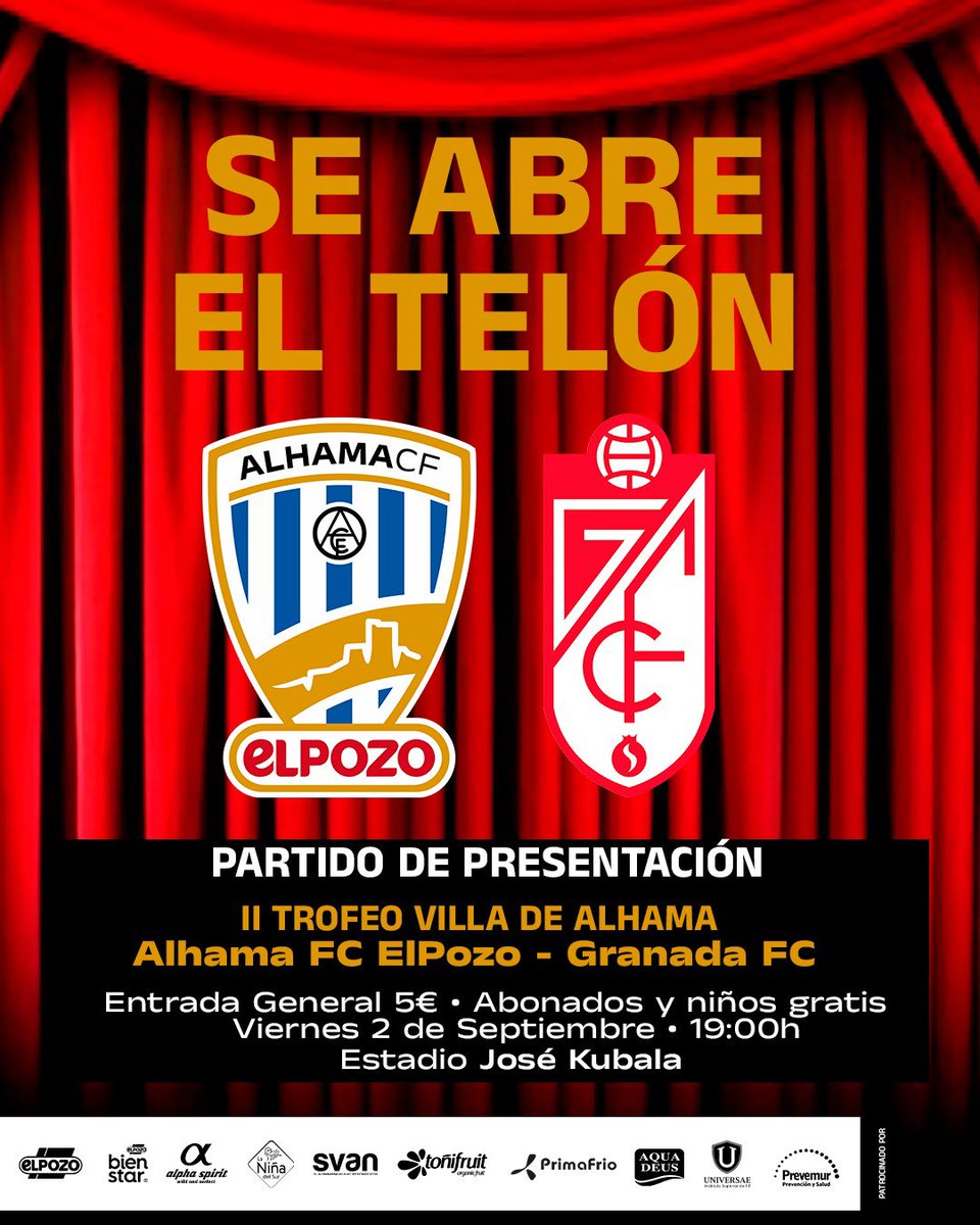 ⚽️ El #AlhamaElPozo recibe en el #Guadalentín al Granada para la disputa del II Trofeo Villa de Alhama, que además servirá de partido de presentación.

🆚 <a href="/GranadaCF_Fem/">Granada CF Femenino</a> 
🏟️ Complejo Deportivo Guadalentin 
🕑 Viernes 19:00h

#AlhamaGranada #PretemporadaACF #DelBarroAlCielo