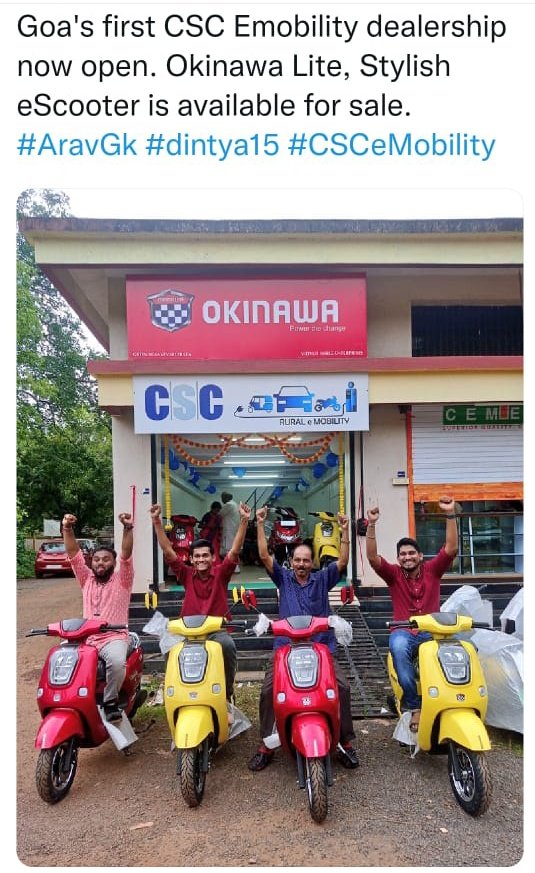 #CSC E-MOBILITY <a href="/CscGoa_Official/">CSC GOA 2.0</a>
<a href="/_DigitalIndia/">Digital India</a> <a href="/ModernIndia/">Modern Indian</a> <a href="/goacm/">CMO Goa</a> <a href="/dixit_suyog/">Suyog Krishna Dixit</a> <a href="/dintya15/">dinesh tyagi Retd IAS</a> <a href="/ceo_csc/">CEO_CSC e-Governance</a> @CSCeMobility <a href="/GoI_MeitY/">Ministry of Electronics & IT</a> <a href="/CSCeStore/">CSC Grameen eStore</a> @vishalsavaikar #Entrepreneurship #life