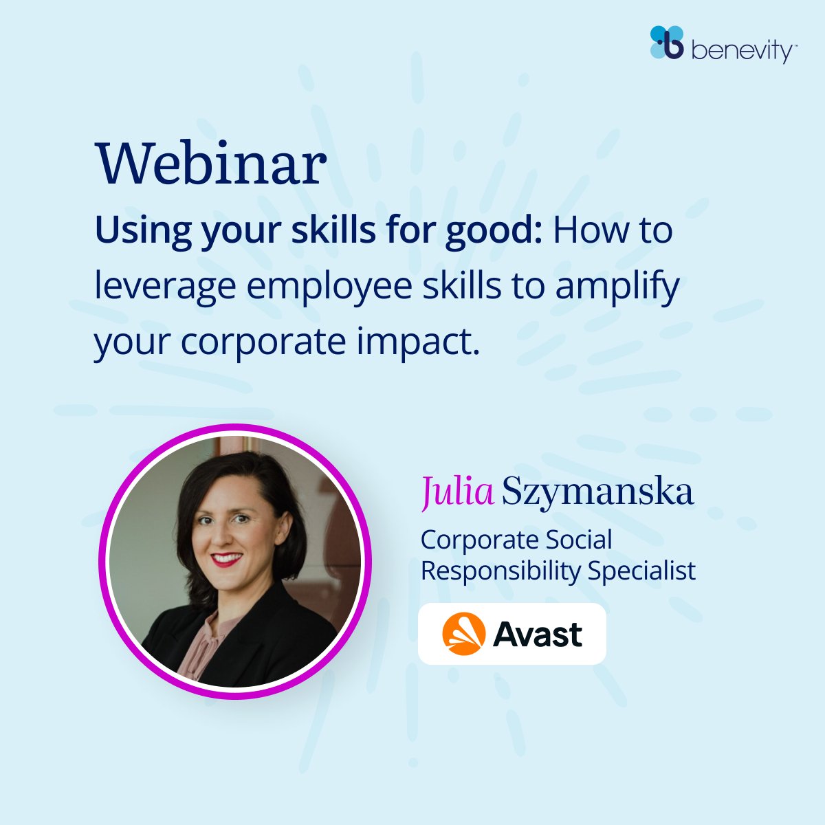 Alayagood's tweet photo. We're two weeks away from our skills-based volunteering webinar! 🥁 To get you ready, we'd like to introduce you to our first speaker: Julia Losekoot Szymanska, Corporate Social Responsibility Specialist at Avast. 

🗓️ Save your spot: https://t.co/Y2Wl6CfLRr https://t.co/J5WkgzHqWd