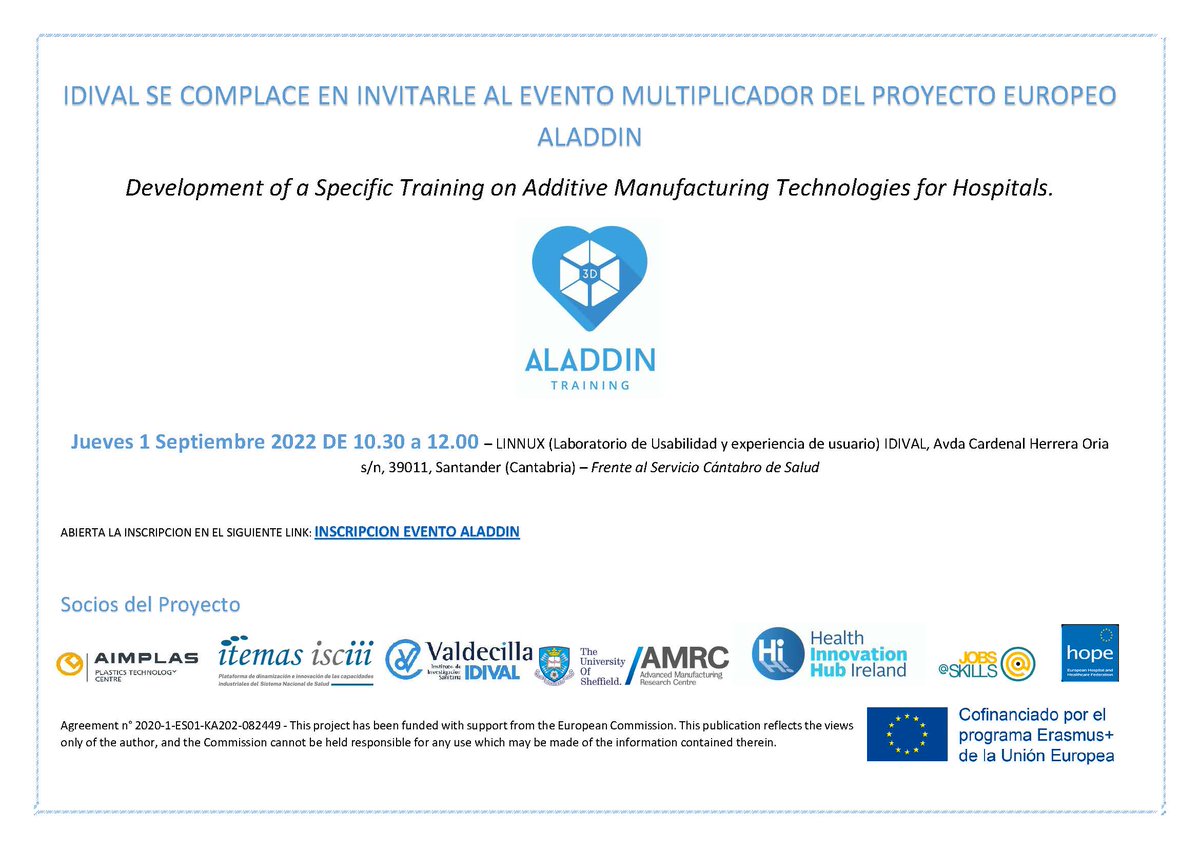 IDIVAL (@idivaldecilla) on Twitter photo 📢Jornada Presentación de resultados del #proyectoeuropeo de fabricación #3D <a href="/AErasmusproject/">ALADDIN_erasmusproject</a>
📆1 Setiembre 10:30h 📌IDIVAL
👥Dirigida a profesorado, formación profesional, estudiantes, empresas y público general
✍Inscripción previa ow.ly/lMoh50KsZAy
‼Te esperamos‼ 📢Jornada Presentación de resultados del #proyectoeuropeo de fabricación #3D <a href="/AErasmusproject/">ALADDIN_erasmusproject</a>
📆1 Setiembre 10:30h 📌IDIVAL
👥Dirigida a profesorado, formación profesional, estudiantes, empresas y público general
✍Inscripción previa ow.ly/lMoh50KsZAy
‼Te esperamos‼