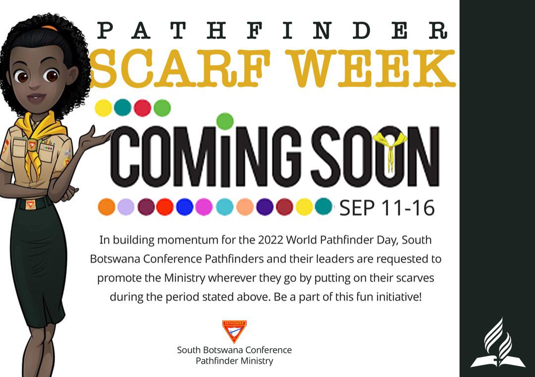 AdventistSbc's tweet photo. Pathfinders Attention!
September 11-16 is PATHFINDER SCARF WEEK!

World Pathfinder day is fast-approaching and to hype ourselves up for this great day, let us participate in this fun initiative. 

#wpd
#scarfweek https://t.co/jjQH0WSXZ6