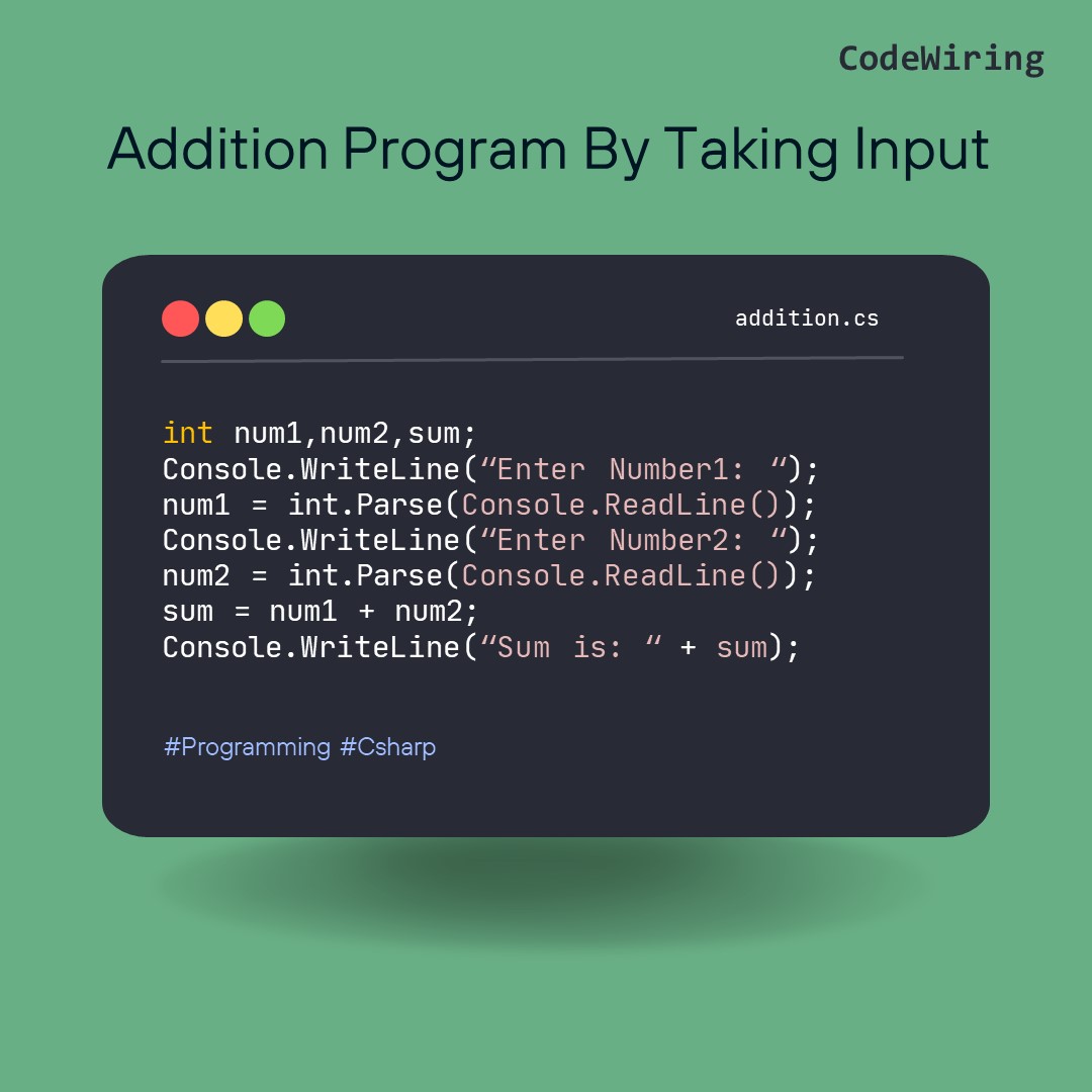CodeWiring's tweet image. Here is the addition program by taking input from the user !
From the knowledge of previous posts you can easily understand how this program is working...
.
.
.
.
#programming #codewring #additionporgam #input #learnprogrammingtogether