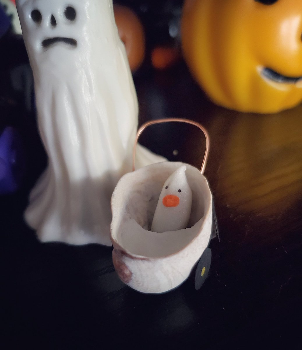 witchofthewood1's tweet photo. #AuGhost #AuGhost2022 Day 29: Shell. I used a seashell to make a ghosty baby buggy! (Forgive the cat hair in the first two pics, I didn't realize I was shooting in a nap hotspot) @TheRealAuGHOST https://t.co/6zzU36ZUv1