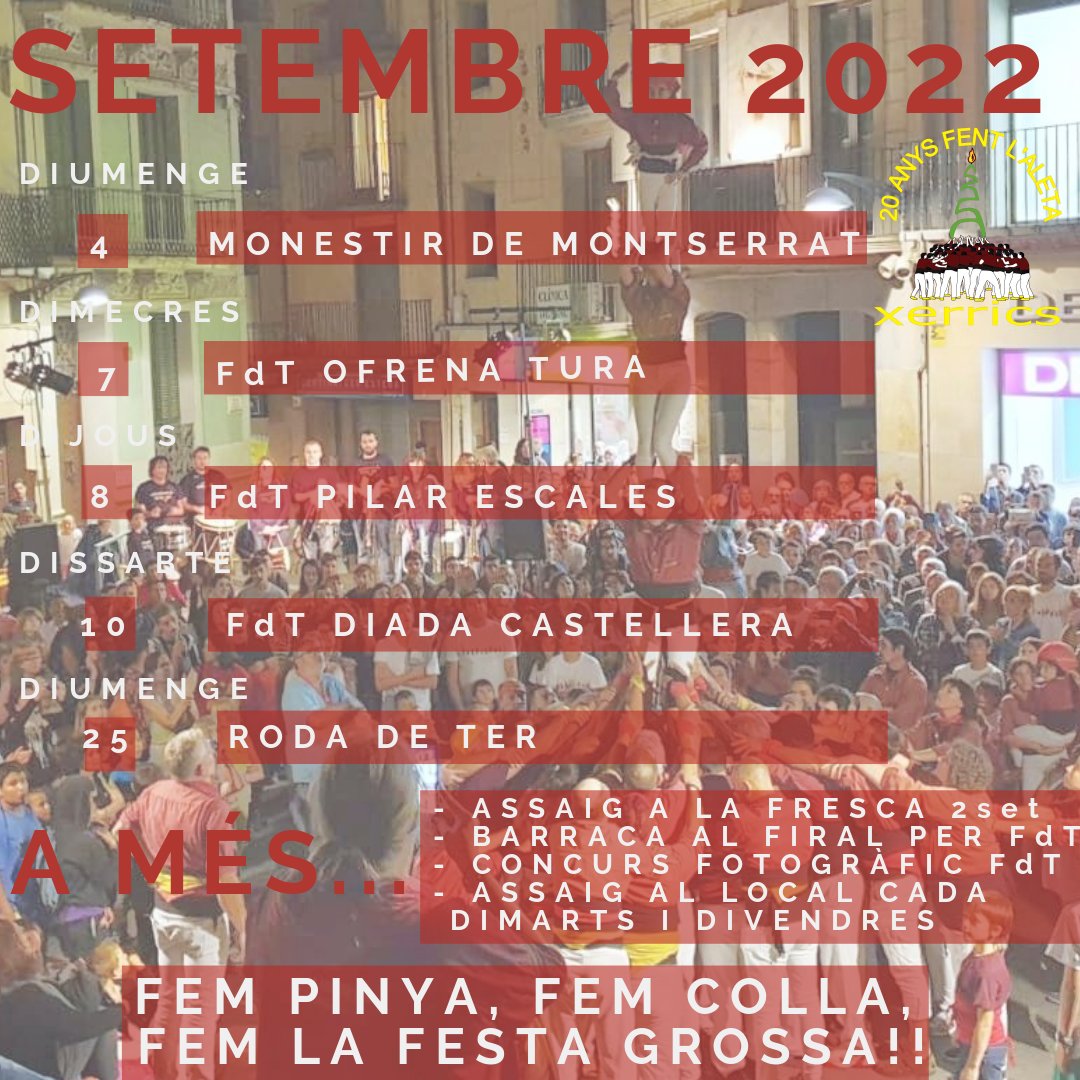 XerricsOlot's tweet photo. Si,si,ho sabem!Encara no és dia 1 i ja tenim #agenda!😱Però aquest mes ve carregadet i comencem aviat,apunteu-vos les dates i al formulari!Us hi esperem a tots a #assaig per a fer unes grans #diades!#calendari #setembre #castells #castellers #castelleres #olot #xerrics #garrotxa https://t.co/KXRu98Xdlh