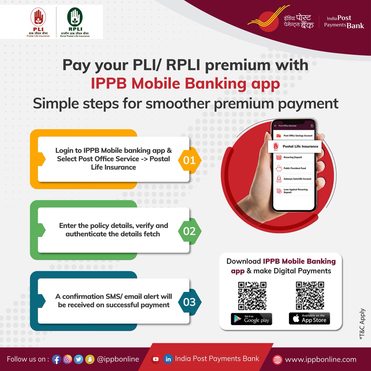 IPPBOnline's tweet photo. Do you know @IPPBOnline Mobile Banking App provides easy and safe PLI/RPLI digital premium payments. We aim to ease your banking at every step & help you continue with your insurance cover.
#Aapkabankaapkedwaar #PLIPaymentThroughIPPB #RPLIPaymentThroughIPPB (1/2) https://t.co/PeHUz6ea6j