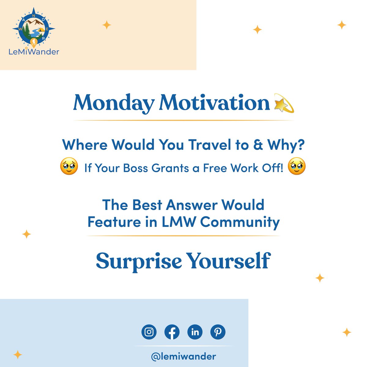 LeMiWander's tweet photo. Share the one place on your bucket list where you would embark on when a surprise occasion arises to kill your Monday blues.
Time to find some fun-filled destinations!✨
#lemiwander #newwaytotravel #wanderlust #travelexperiences #mondaymotivation #community #surpriseyourself https://t.co/IIhCU1cWgC