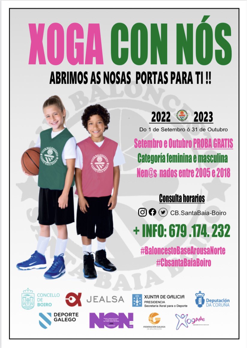 cbstabaia's tweet photo. 💨BULE , QUE ARRANCAMOS O 1 DE SETEMBRO !!

📆 Xornadas de Portas abertas ata o 31 de Outubro.

🤩 ⏰ Xa temos horarios de adestramento para a tempada 22/23. 

XOGA CON NOS !!

ℹ️ +INFO
📲 679 174 232
📩 cbstabaia@yahoo.es

💚🏀💚

 #XogaConNos
#BaloncestoBaseArousaNorte https://t.co/k5BsMQbVuK