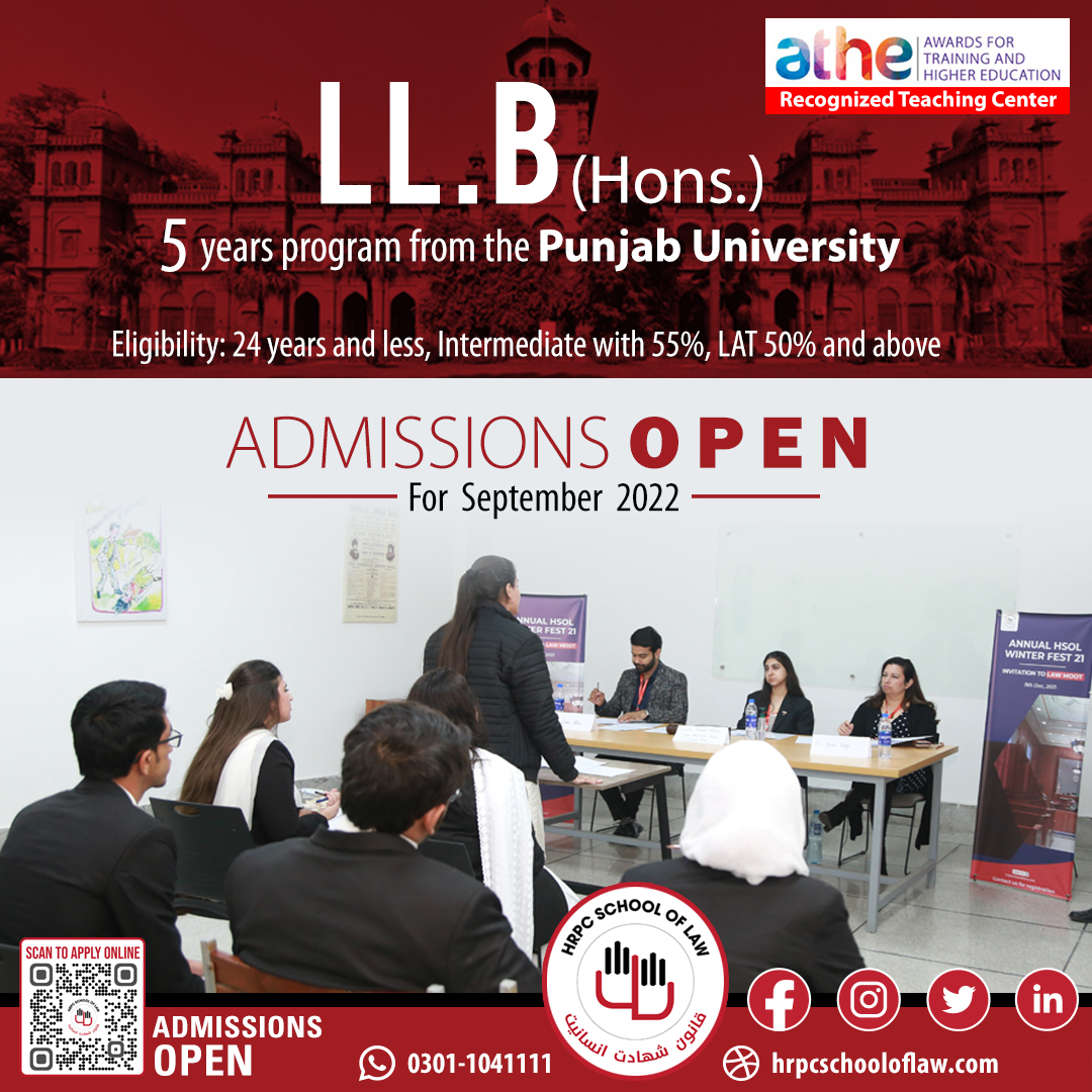 HrpcLaw's tweet photo. Admission open for September 2022 for 5 years program from the Punjab University.
Call or WhatsApp us at: +92 301 1041111 or 042-35230710
#HSOL #HumanRightsProtectionCentre #Legal #Law #HRPCSchoolofLaw #justiceleague #Lawyer #lawstudent #HSoLEcosystem #lawyersofhsol #llb #btt https://t.co/UcMXGQ5ayB