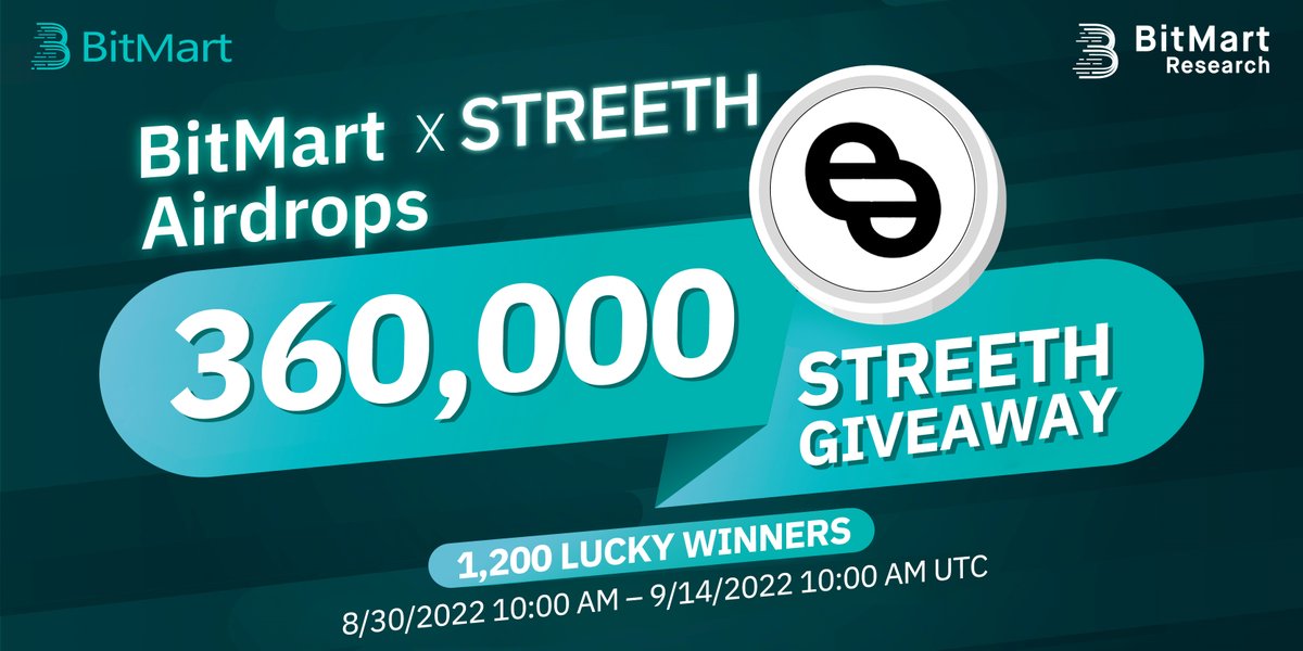 🌟BitMart X STREETH Listing Airdrop!

1⃣Follow <a href="/BitMartResearch/">BitMart Research｜$BMX HODLer</a> &amp; <a href="/onstreeth/">Streeth | Street Art on the Blockchain</a>
2⃣Join t.me/BitMartExchang… &amp; t.me/streethofficial
3⃣RT &amp; Tag 3 new friends
4⃣Fill out:forms.gle/fhLqBnpLEb42MY…

🥳 360,000 #STREETH/1,200 winners
Register👉datasink.bitmart.site/t/j