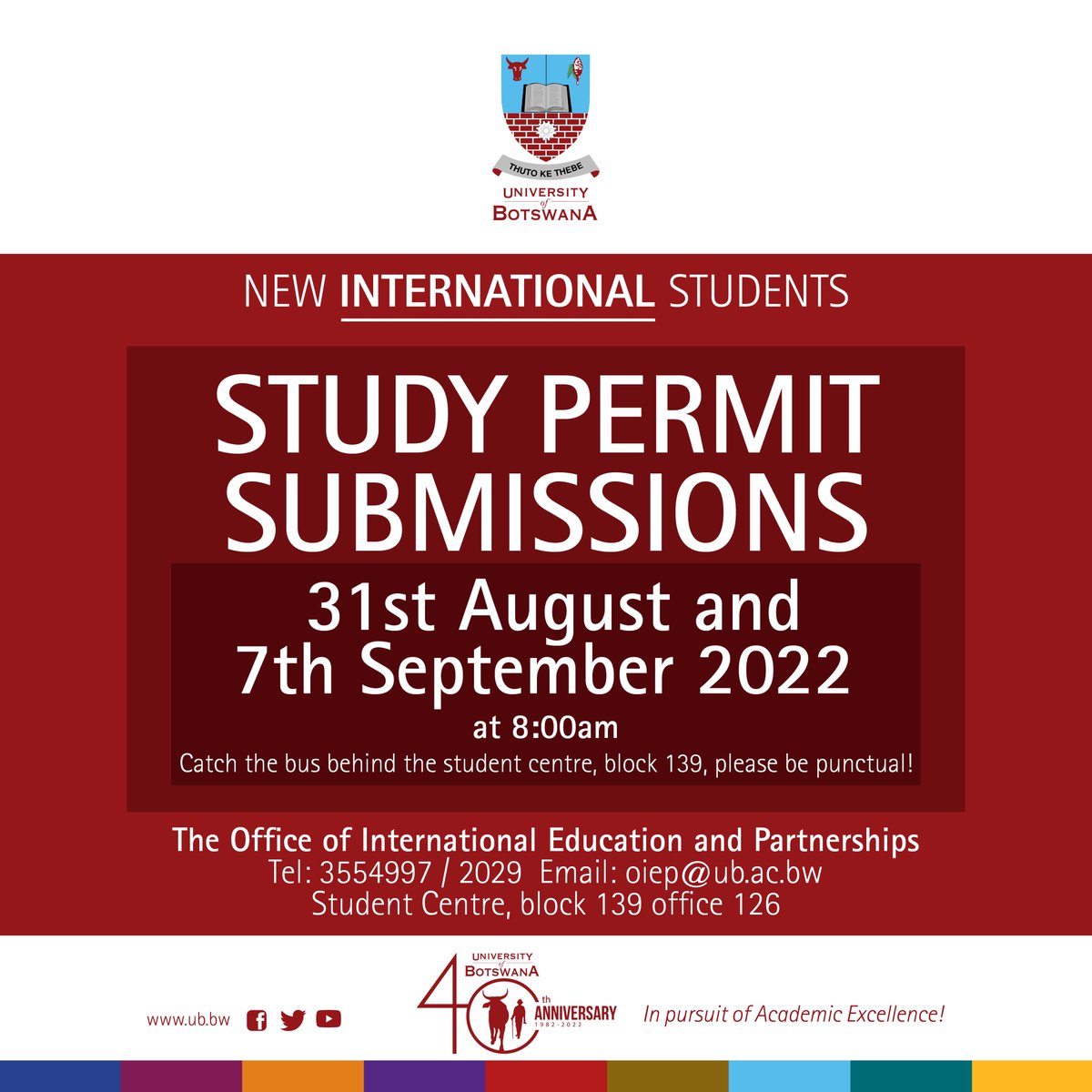 UBBotswana's tweet photo. #NewInternationalStudents #StudyPermitSubmissions
Kindly note the following dates for chaperoning new international students to immigration for study permit submissions. Catch the bus behind the student centre, block 139, please be punctual! https://t.co/5fy55GoMJz