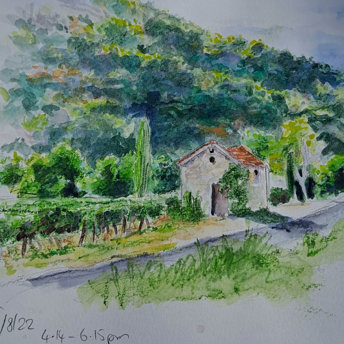 creativestates's tweet photo. Walking through vineyards in Luzech, in Lot Valley,  France.  Handy tree stump for stuff, shared with a busy line of ants- wondered when they would lose patience with me. Sketch done with Inktense. 

#luzech #vineyards #lotvalley #landscapedrawing #sketchbook #enpleinair https://t.co/hnY76ufKnY