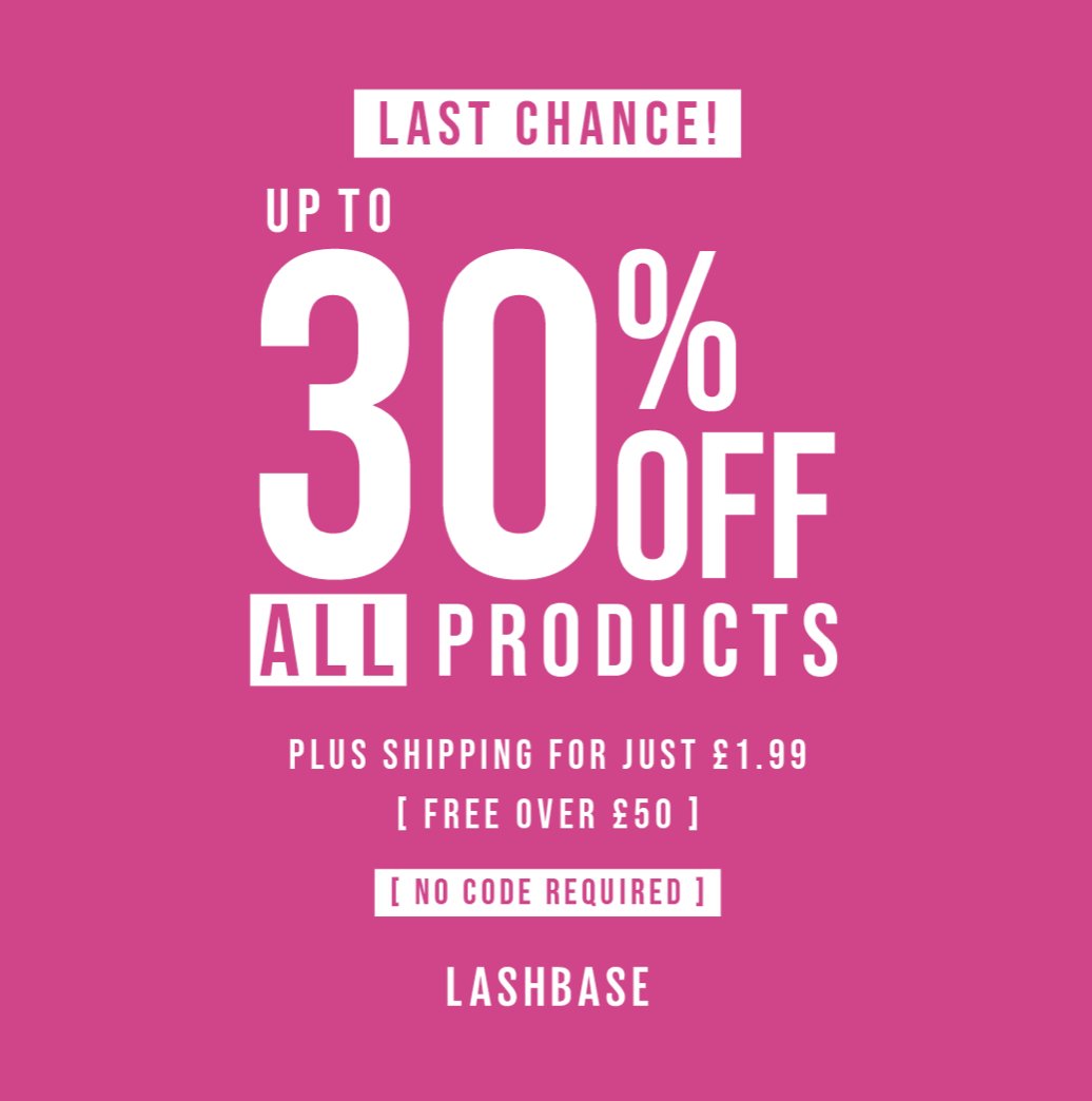 LashBase's tweet photo. FYI: We are offering up to 30% off everything this discount weekend. 

You have until midnight TONIGHT to take advantage of these savings! 🛒🔥 

𝑷𝑳𝑼𝑺 all UK orders for just £1.99 shipping, with free delivery if your order is over £50 (UK Mainland only). 

Don't miss out!🏃‍♀️ https://t.co/vJuCGdQLlt
