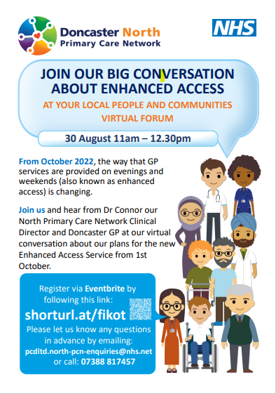 Do you live or work in the North of Doncaster?  Join our 'big conversation' about enhanced access - the new service for general practice.  No need to book - just join Microsoft Teams at the link below from 11 am tomorrow 👇👇👇👇
teams.microsoft.com/l/meetup-join/…