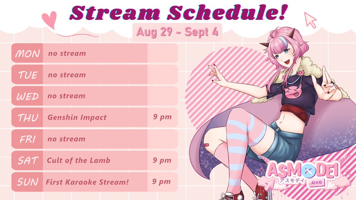 Asmodeiexe_Ch's tweet photo. ⚠️This week's schedule!!!⚠️

(Stream) #AsmoLive
(Fanart) #Artmodei
(Clips) #Clipmodei
(Memes) #Memeodei
(NSFW) #ASSmodei
(Oshi Mark) ⚠️
(Fan Name) Bits

All times are in GMT+8 https://t.co/BcN5RBfDGb