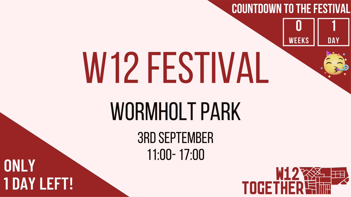 w12together's tweet photo. Only 1 day to go! ๐ฅณ๐
We look forward to celebrating our W12 community, and we hope you are as excited for the festival as we are!
Get for your free tickets to attend:
https://t.co/TMLtaUXejP.
#W12Together #W12Festival #Summer #Festival #Event #Wormholt #WhiteCity #Community https://t.co/e5jc9rHJve