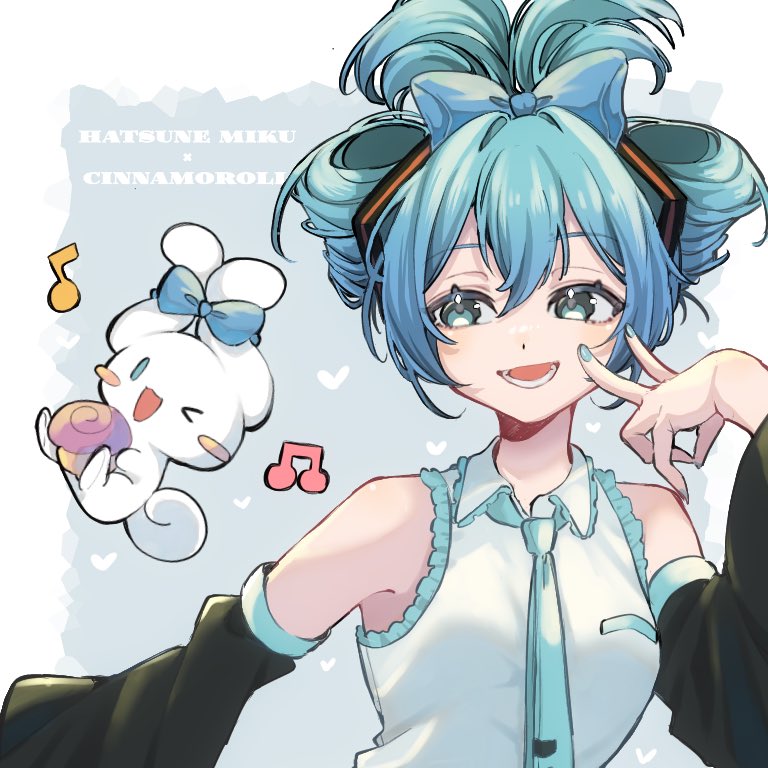 hatsune miku 1girl updo detached sleeves bow > o necktie smile  illustration images