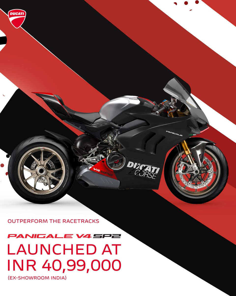 Ducati_India's tweet photo. Designed for those who want to rule the racetrack. Launched at ₹ 40,99,000 (Ex-showroom India)

#DucatiIndiaLaunch #PanigaleV4SP2 #TheUltimateRacetrackMachine https://t.co/U4FKYsn0XW