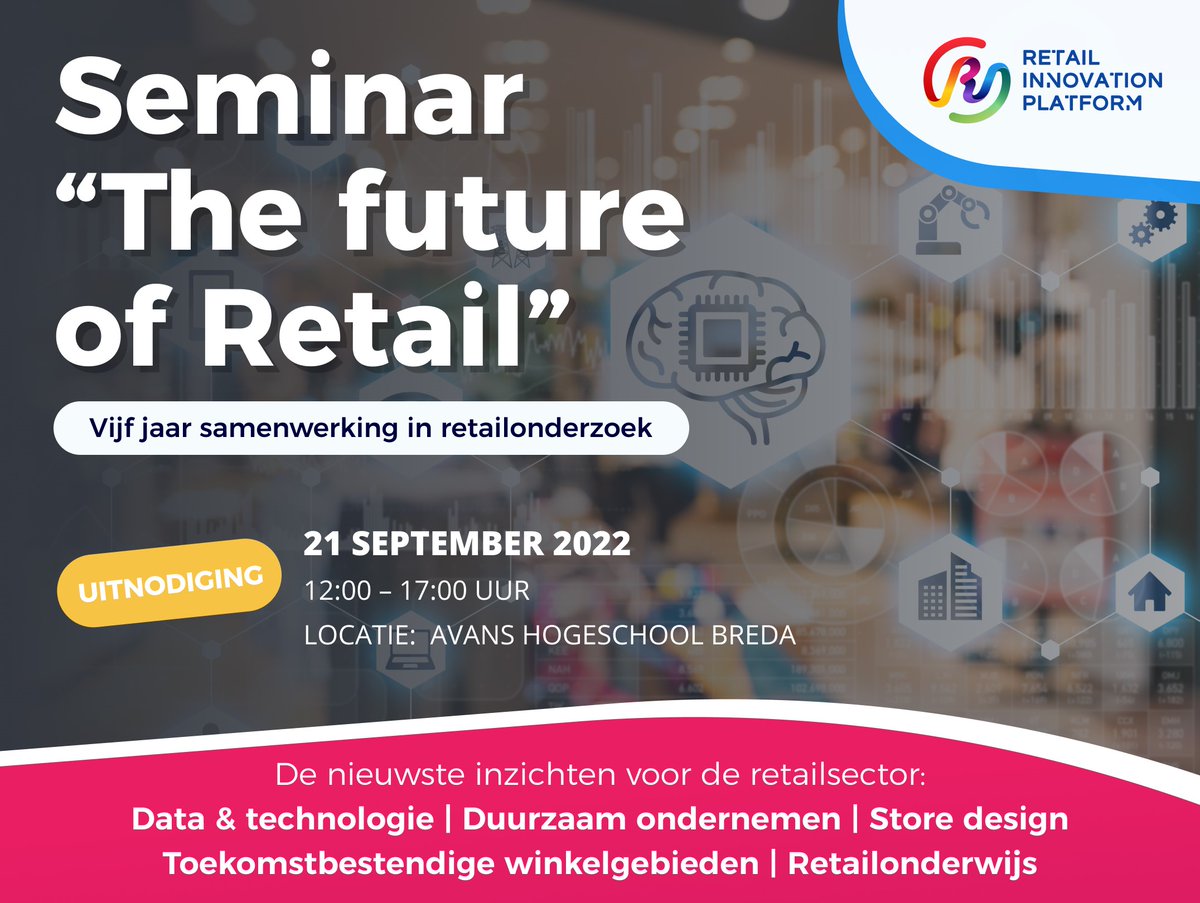 Voor retailers, kennisinstellingen, retail-stakeholders en kennispartners, meld je nu aan voor het #seminar 'The future of #retail'. Krijg de nieuwste inzichten voor de retailsector op de belangrijkste thema's van inspirerende sprekers. Check alles hier: retailinsiders.nl/onderzoeksprog…
